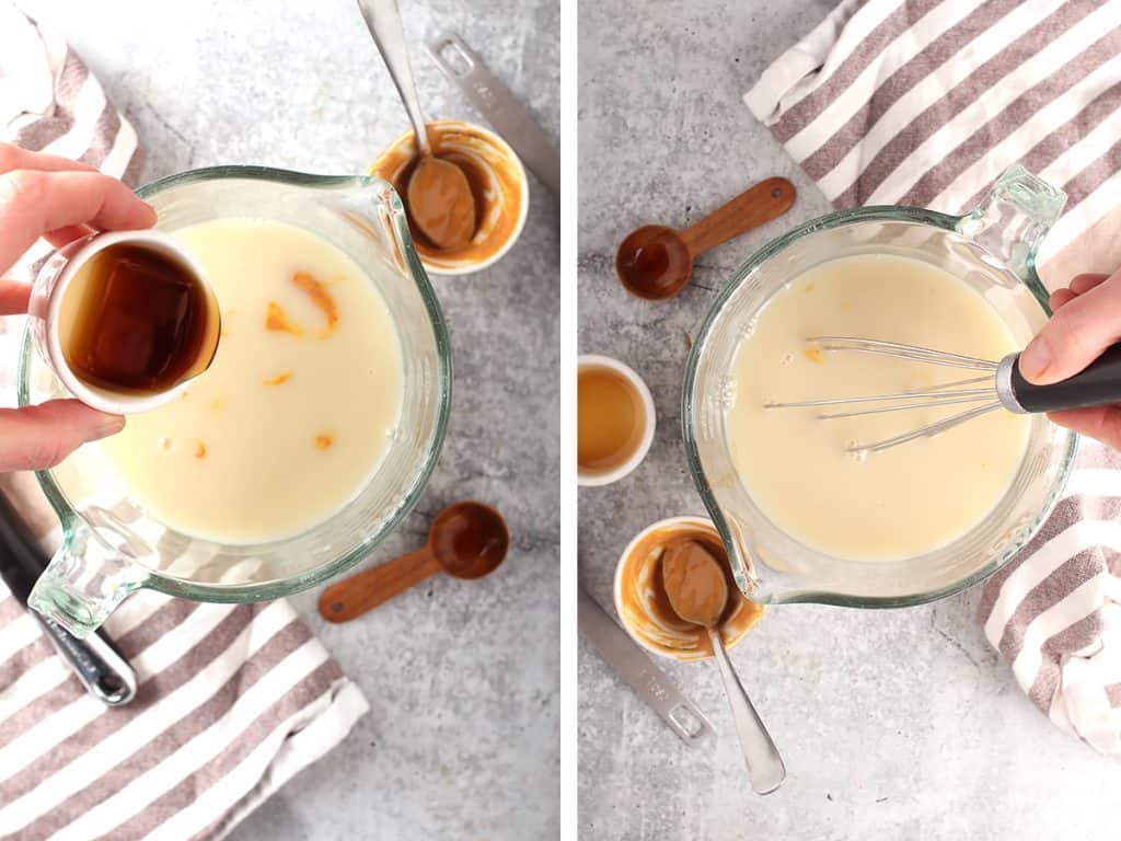 side by side images of a hand pouring maple syrup into a mixing glass with other wet ingredients on the left, and a hand whisking said wet ingredients together on the right