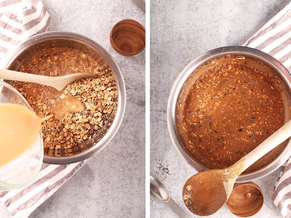 side by side images of liquid being poured into dry ingredients on the left, and completed chocolate peanut butter overnight oats in the mixing bowl on the right