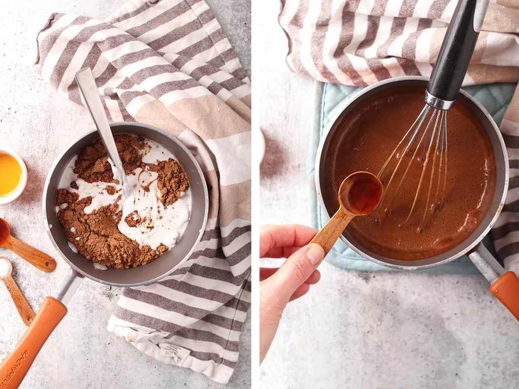 side by side images of a saucepan with cacao bliss and coconut cream on the left, and a hand pouring in a teaspoon of vanilla extract into the healthy chocolate pudding on the right