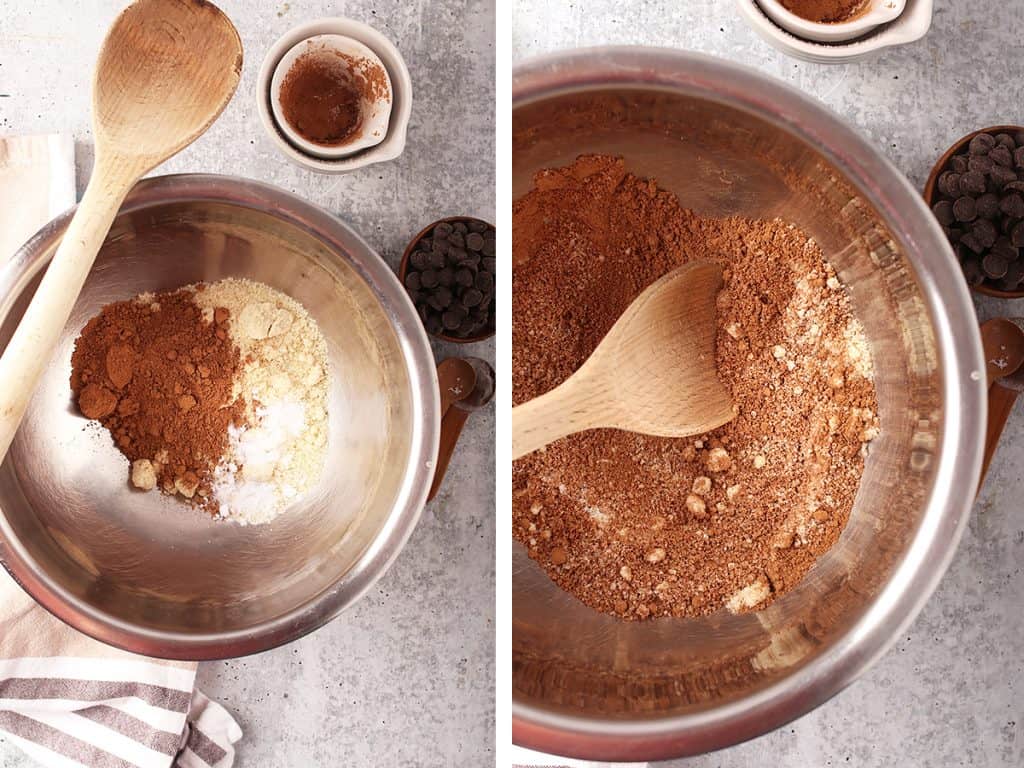 side by side images of dry ingredients for fudgy brownies in a bowl on the left, and dry mix stirred together in a metal bowl on the right