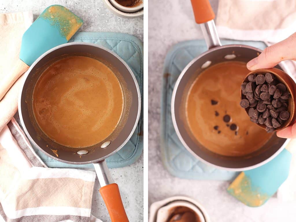 side by side images of coconut oil and almond butter melting in a saucepan on the left, and chocolate chips being poured into saucepan on the right