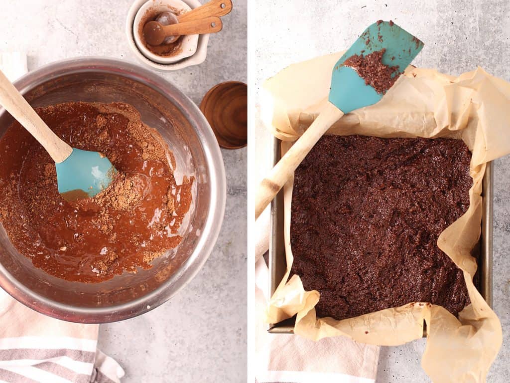 side by side images of gluten free vegan brownie batter in a bowl on the left and batter in a parchment lined baking tin on the right