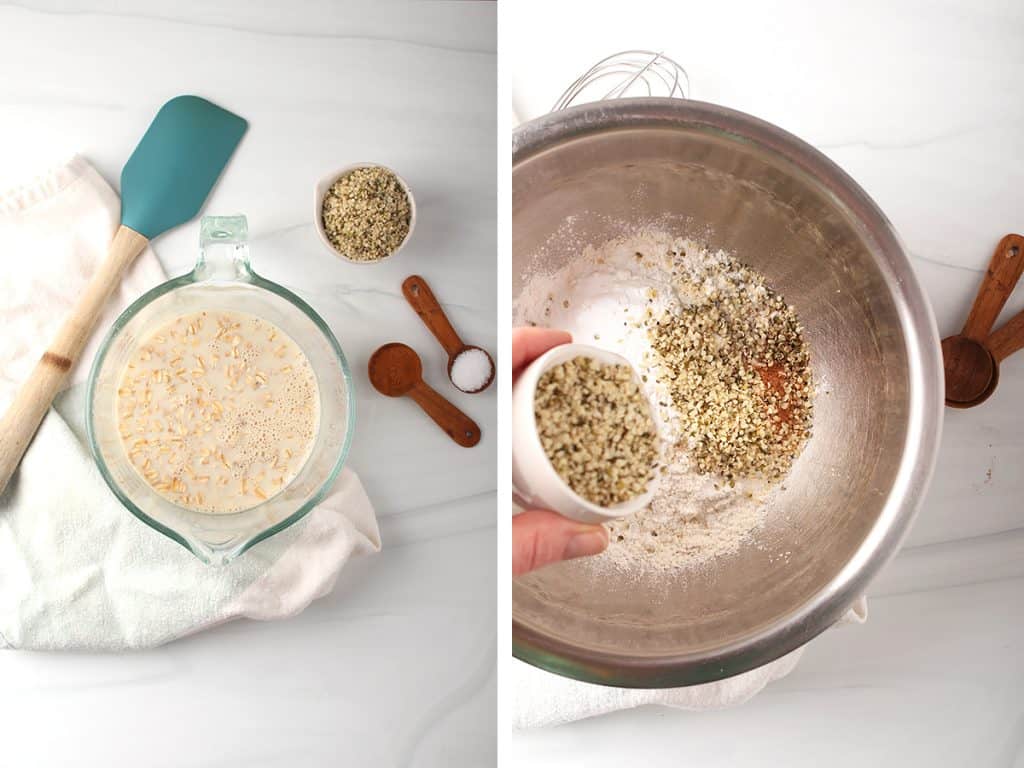 side by side images of a large glass measuring cup with oats and alternative milk on the left, and dry ingredients for muffins in a mixing bowl on the right