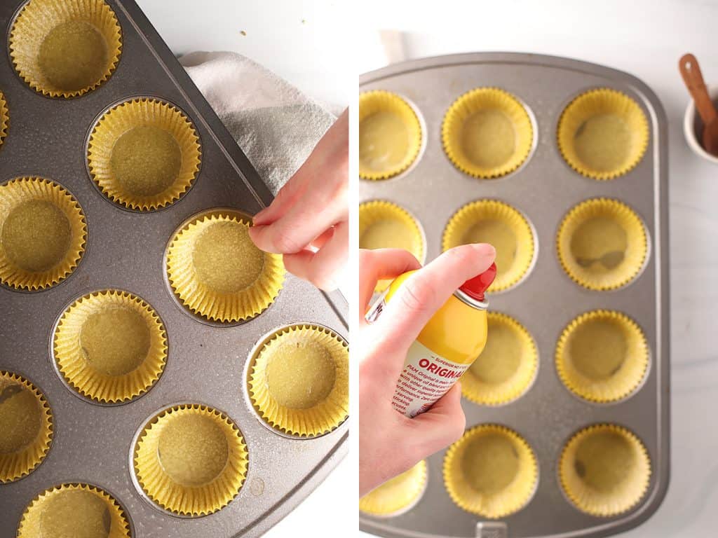 side by side images of a hand placing paper muffin liners in a muffin tin on the left, and spraying muffin liners with nonstick spray on the right