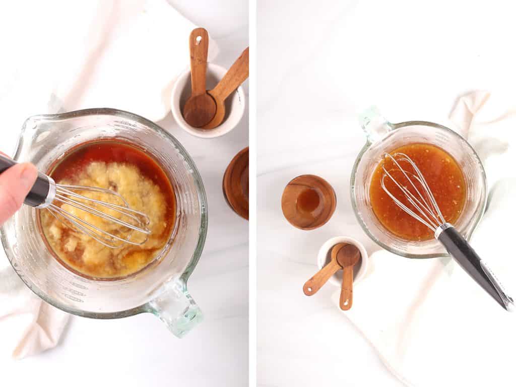 side by side photos of hand whisking together wet ingredients for muffins on the left, and all the wet ingredients in a bowl on the right