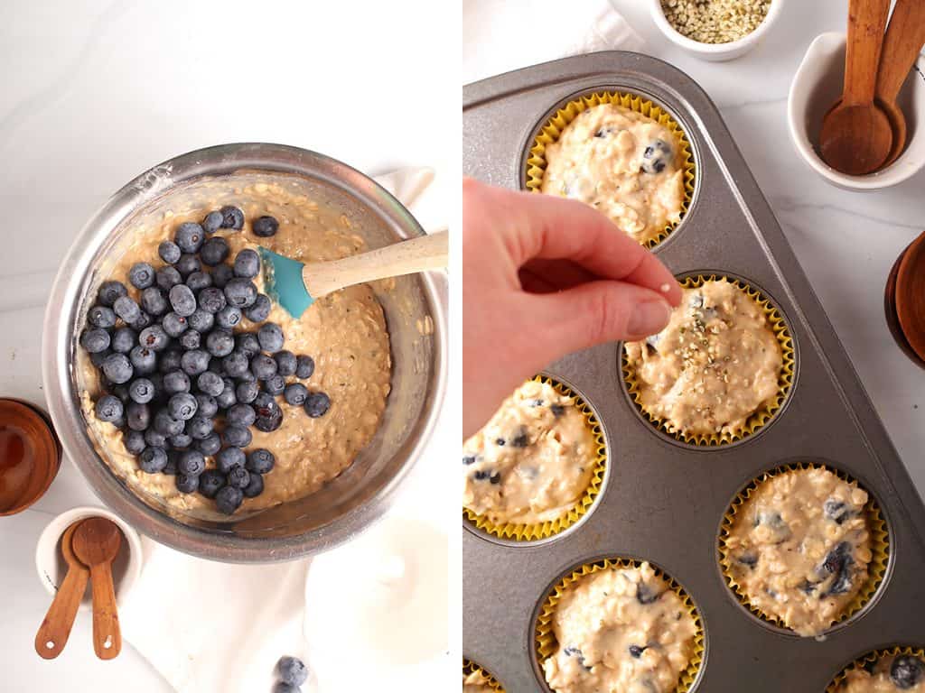 side by side photos with a mixing bowl filled with healthy muffin batter topped with blueberries to be folded in on the left, and hand sprinkling hemp hearts atop unbaked muffins on the right