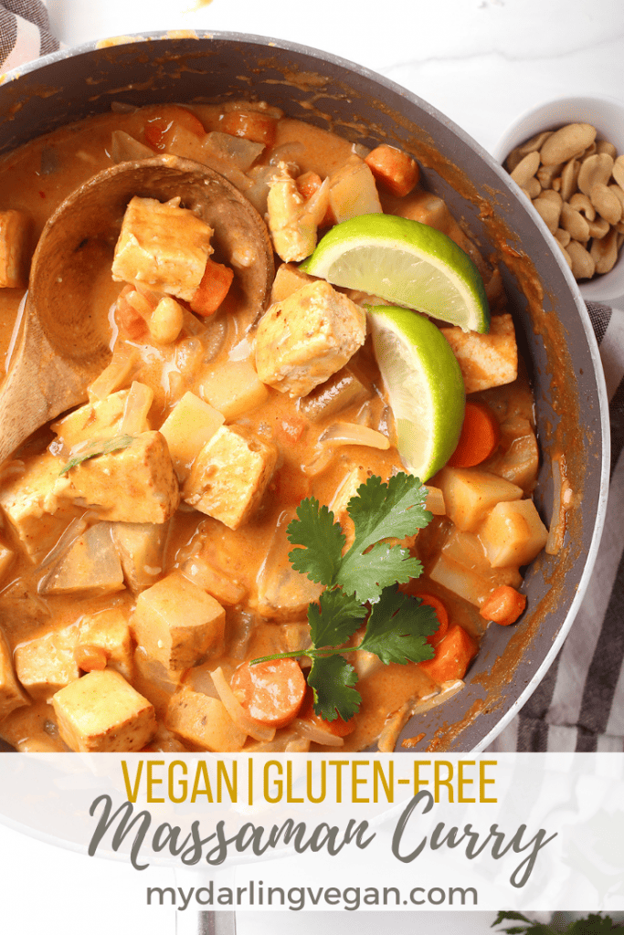 This delicious recipe for Vegan Massaman Curry is loaded with tofu, potatoes, carrots and onions smothered in a delightful, lightly spiced sauce. Skip the takeout and make your favorite Thai curry at home instead. It'll be on the table in just 40 minutes!