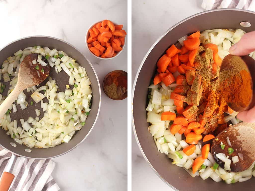 side by side images of onion, jalapeño, garlic and ginger sautéing in a skillet on the left, and dried spices and carrots added to the skillet on the right