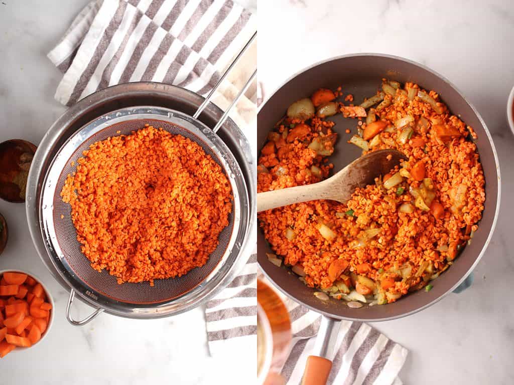 side by side images of lentils draining in a mesh strainer on the left, and lentils added to skillet with carrot and aromatics on the right