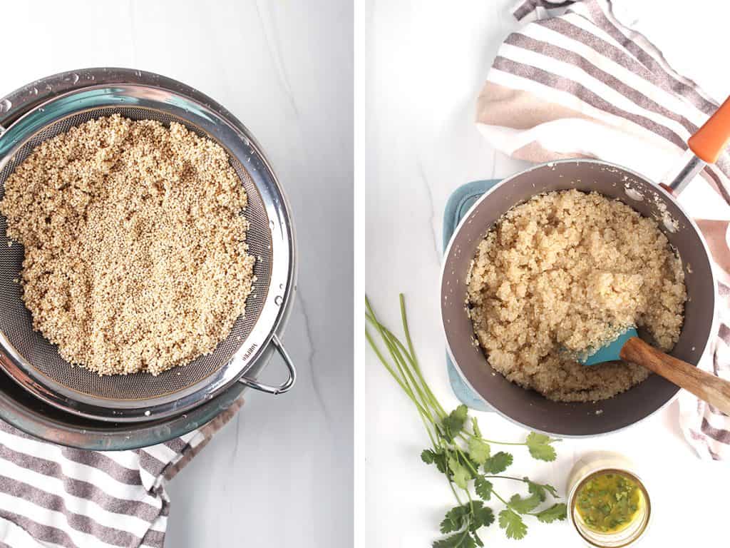 side by side images - raw quinoa draining in a mesh sieve after rinsing on the left, and cooked quinoa in a saucepan on the right