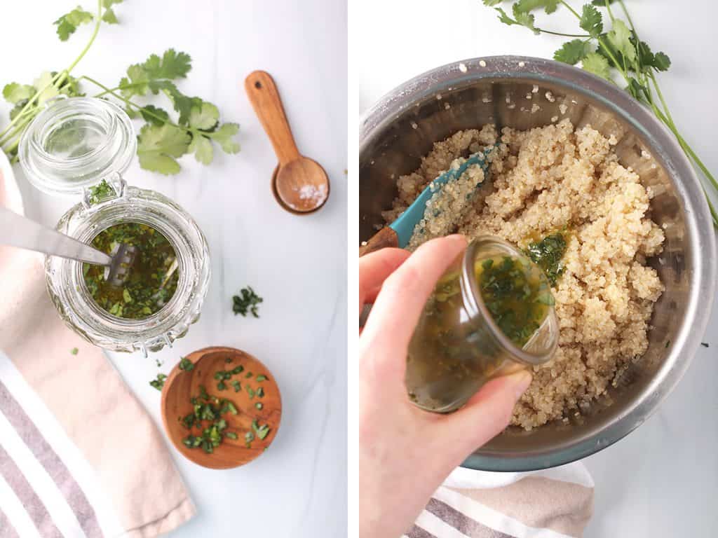 side by side shot of cilantro lime dressing being stirred together on the left, and cilantro lime dressing being added to cooked quinoa on the right
