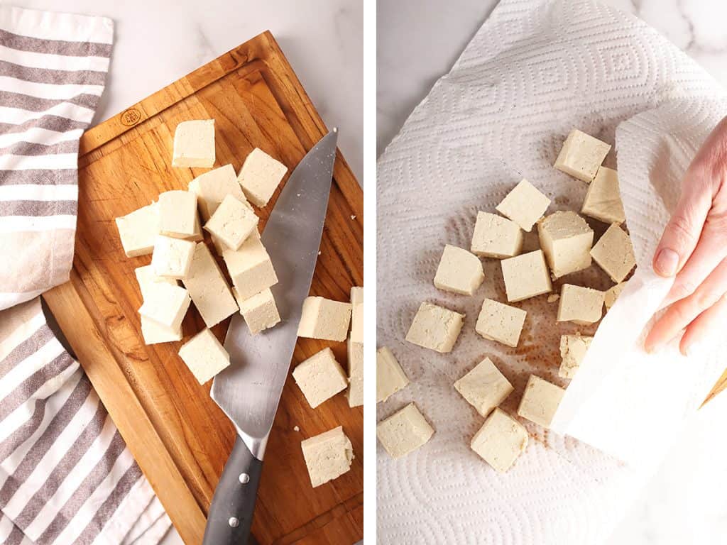 side by side images of tofu being cubed on a wooden cutting board on the left, and a hand pressing the tofu cubes with paper towels on the right