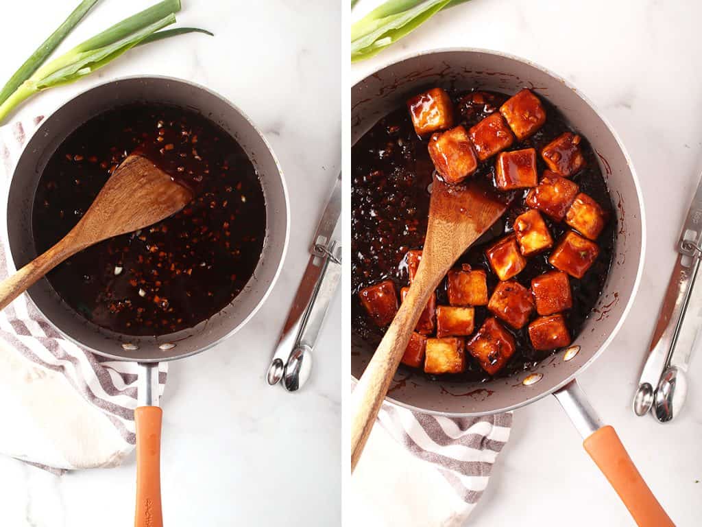 side by side images of teriyaki sauce cooking in a saucepan on the left, and crispy tofu being tossed in teriyaki sauce on the right