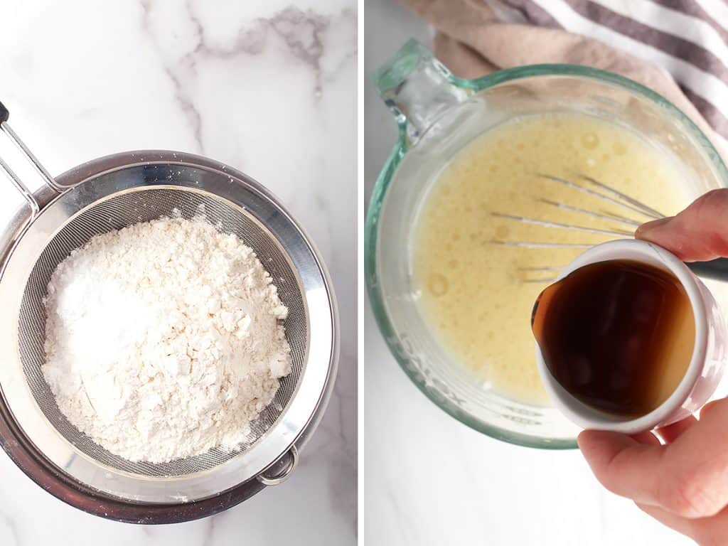 One the left, flour, baking powder, and salt sifted through a fine mesh strainer. One the right, vanilla extract poured into a liquid measuring cup
