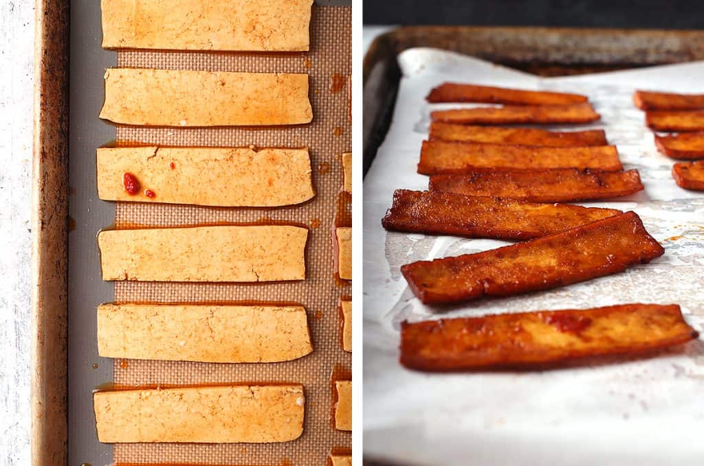 side by side images of raw vegan bacon on a cooking sheet on the left, and cooked, crispy vegan bacon on a baking sheet on the right