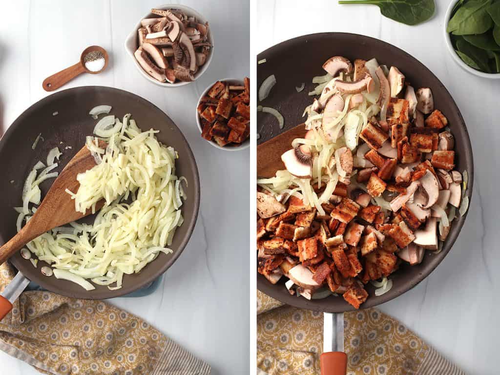 side by side images of onions caramelizing in a skillet on the left, and raw mushroom slices and cooked vegan bacon added to the skillet on the right