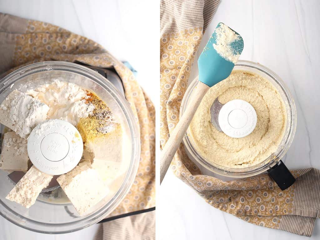 side by side images of tofu, flour and seasonings added to food processor base on the left, and tofu quiche base after blending on the right