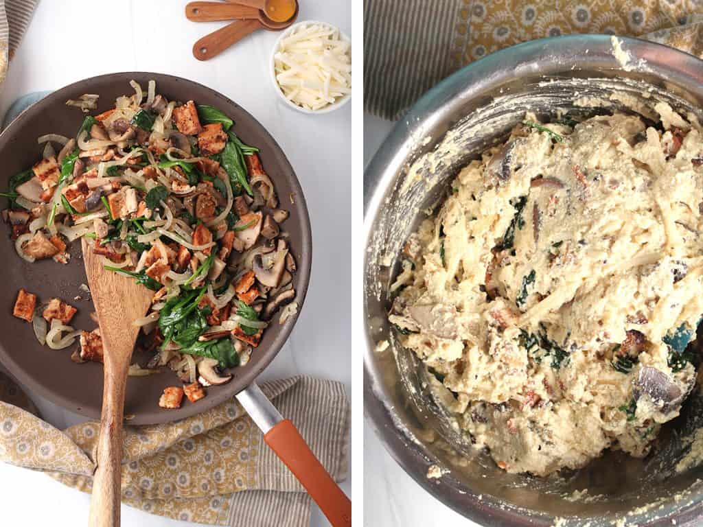 side by side images of spinach, mushroom, onion and vegan bacon in a skillet on the left, and vegan quiche lorraine tofu custard in a mixing bowl on the right