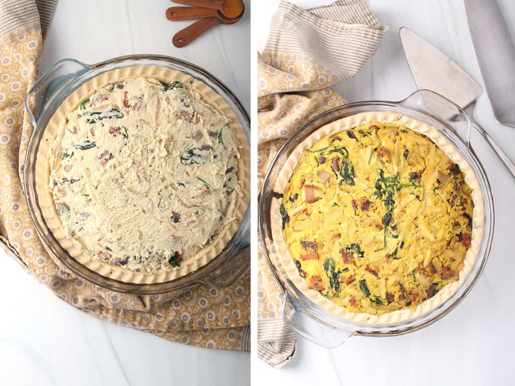 side by side images of vegan quiche lorraine in pie crust before baking on left and completed baked quiche lorraine in clear pie pan on the right