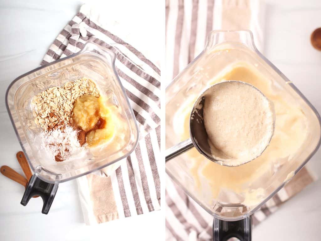 side by side images of a blender filled with the ingredients to make oatmeal pancake batter on the left, and a metal measuring cup removing some pancake batter from the blender on the right