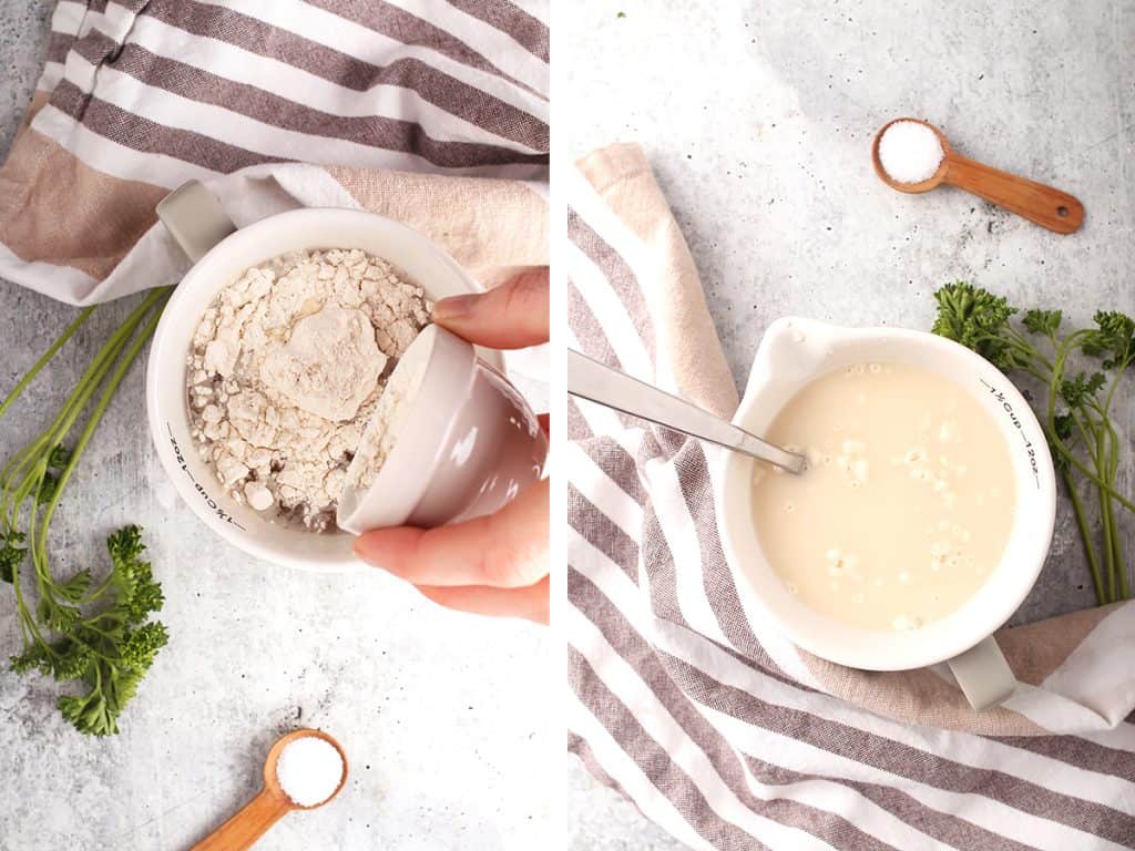 side by side images of hand pouring liquid into a bowl of flour on the left and a completed slurry on the right