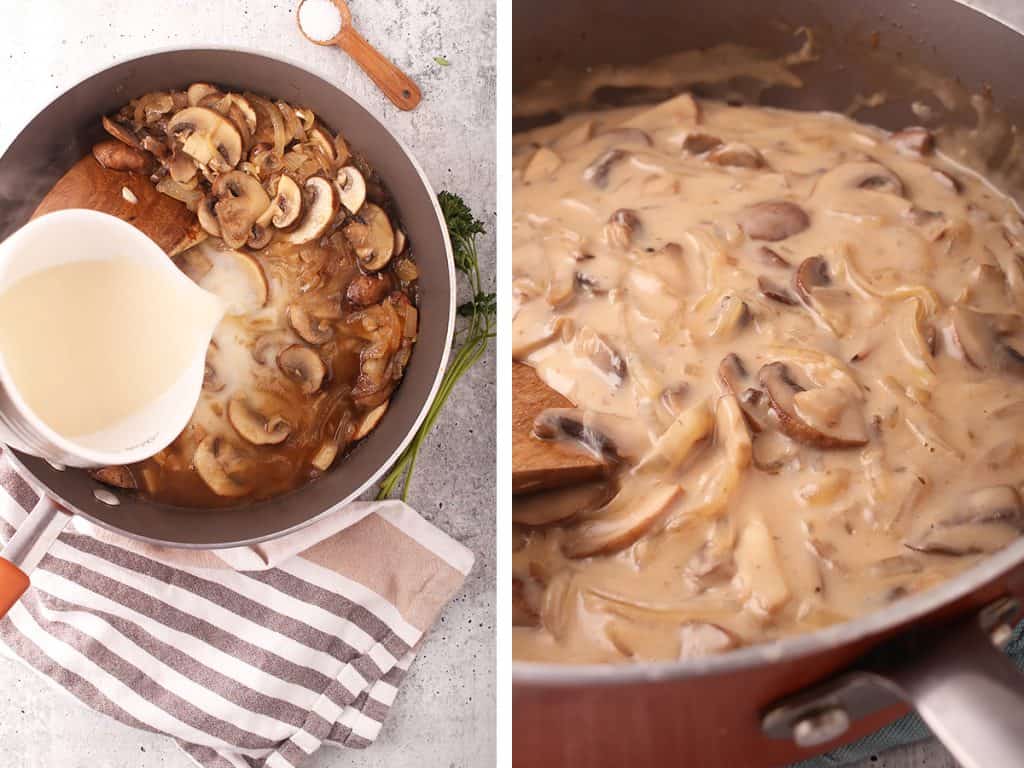 side by side images of slurry being added to mushroom onion mix on the left, and completed vegan mushroom stroganoff sauce on the right