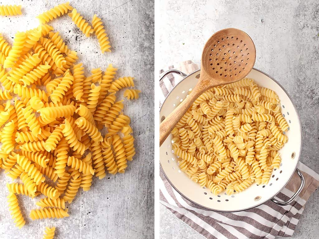 side by side images of dried rotini pasta on a grey table on the left, and cooked rotini in a white colander on the right
