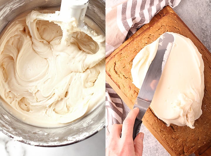 side by side images of vegan cream cheese frosting in a stand mixer bowl on the left, and a hand using an offset spatula to spread vegan cream cheese frosting on the banana cake on the right