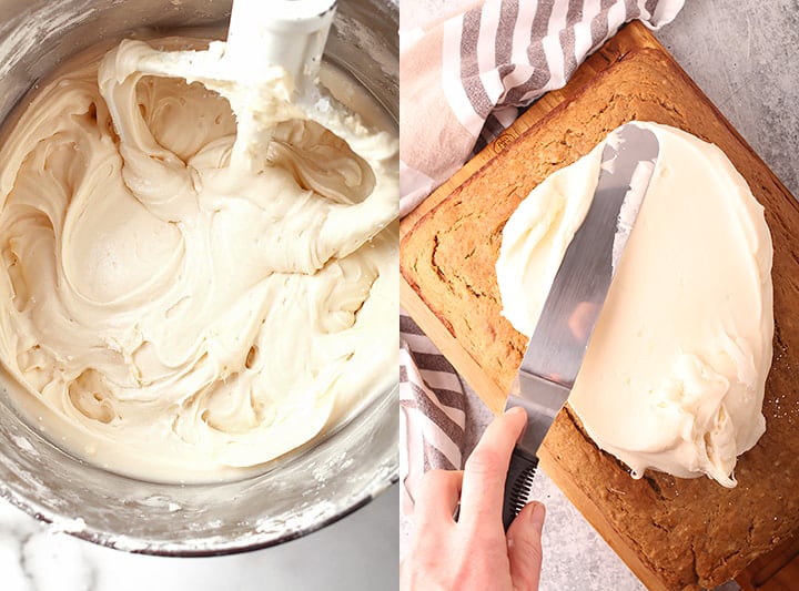 side by side images of vegan cream cheese frosting in a stand mixer bowl on the left, and a hand using an offset spatula to spread vegan cream cheese frosting on the banana cake on the right