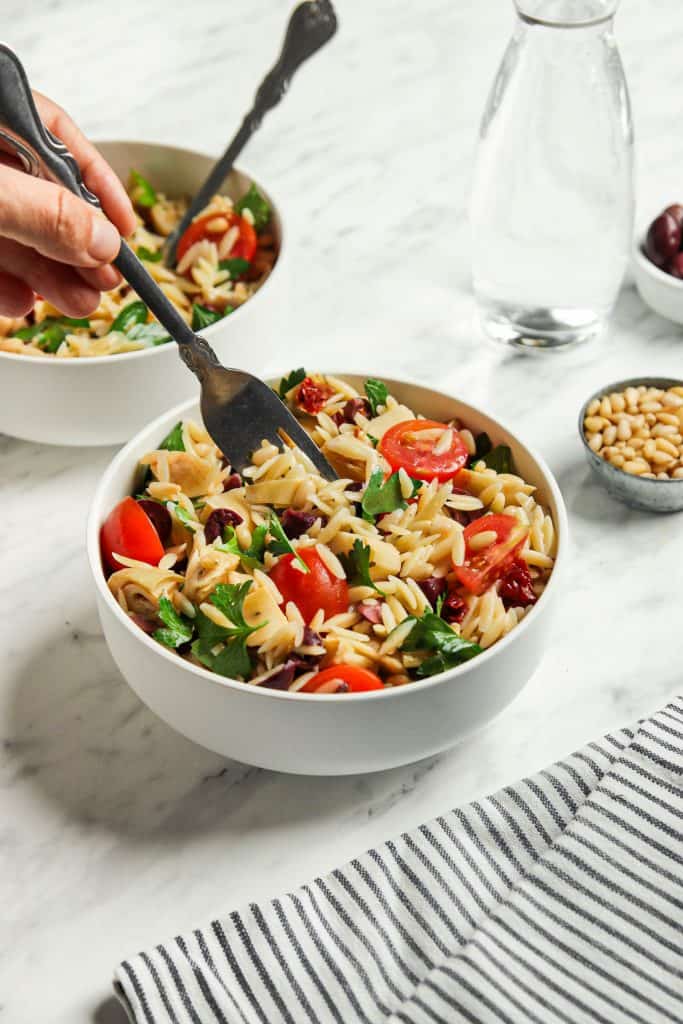 Vegan Mediterranean orzo salad