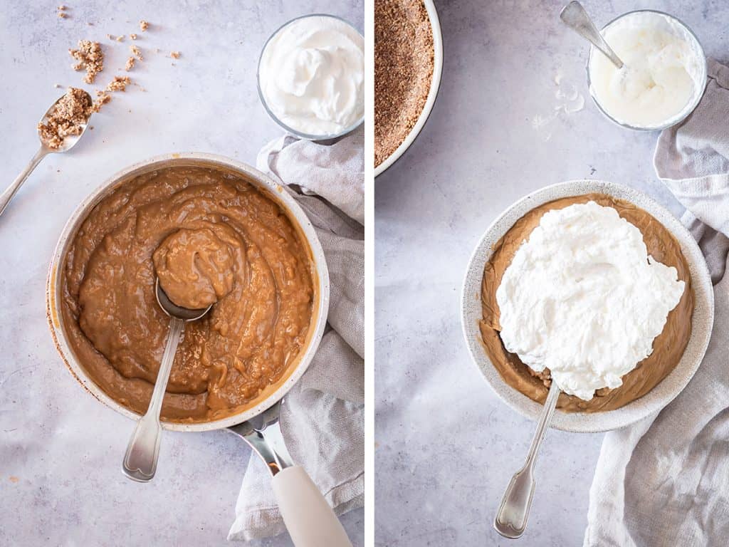 vegan coconut cream pie filling added to pie crust