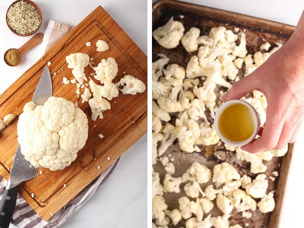 cauliflower chopped on a chopping board and cauliflower florets with olive oil in a baking tray