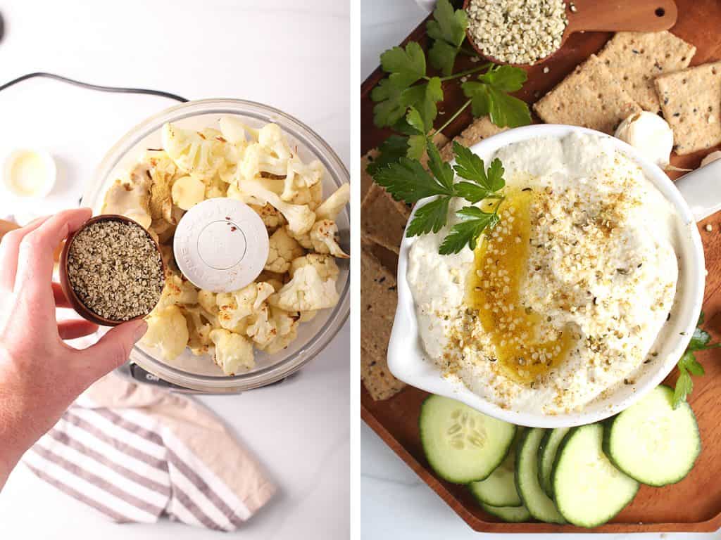 cauliflower florets with hemp in d food processor and blended cauliflower Keto hummus with olive oil, crackers and cucumbers