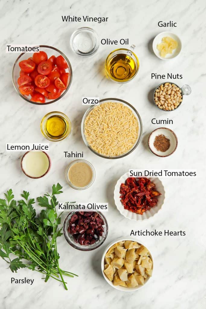 Mediterranean Orzo Salad ingredients: tomatoes, white vinegar, olive oil, garlic, pine nuts, orzo, lemon juice, tahini, cumin, sun dried tomatoes, olives, artichoke hearts and parsley
