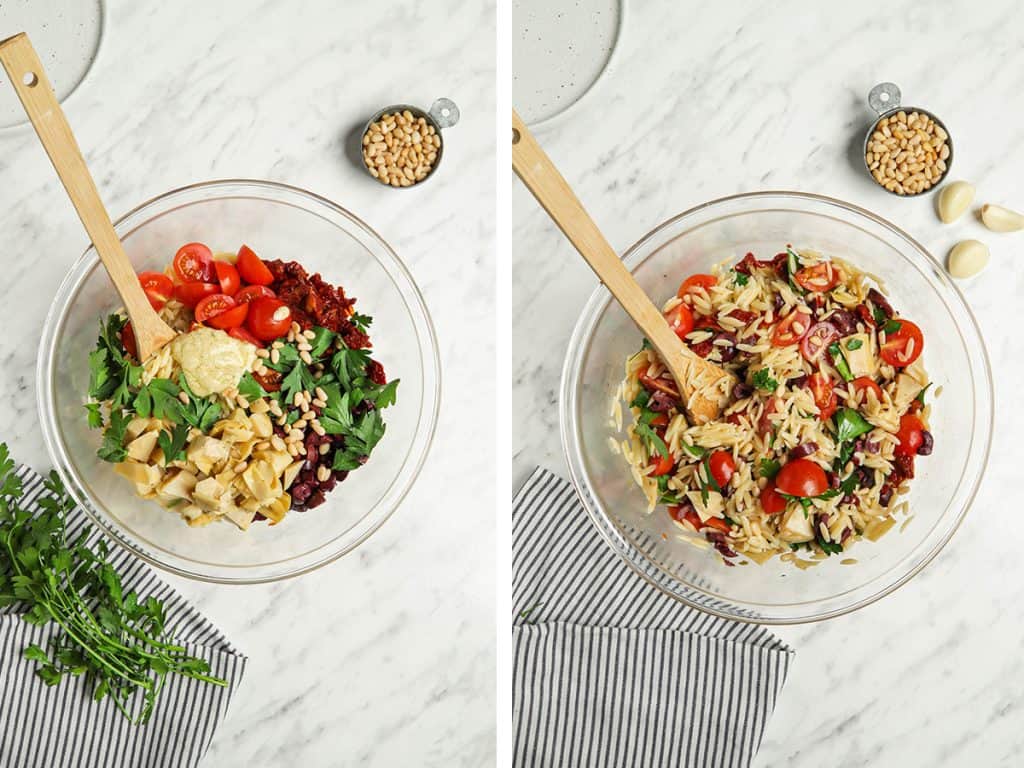 mediterranea orzo salad ingredients in a bowl.