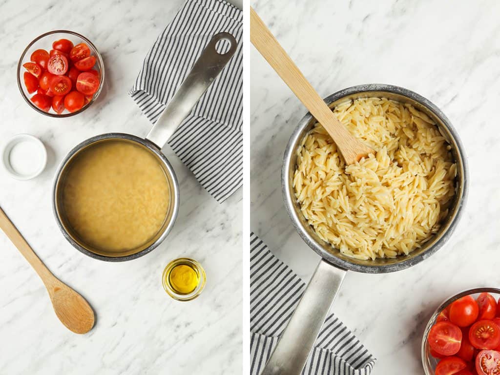 orzo being cooked in a saucepan with water