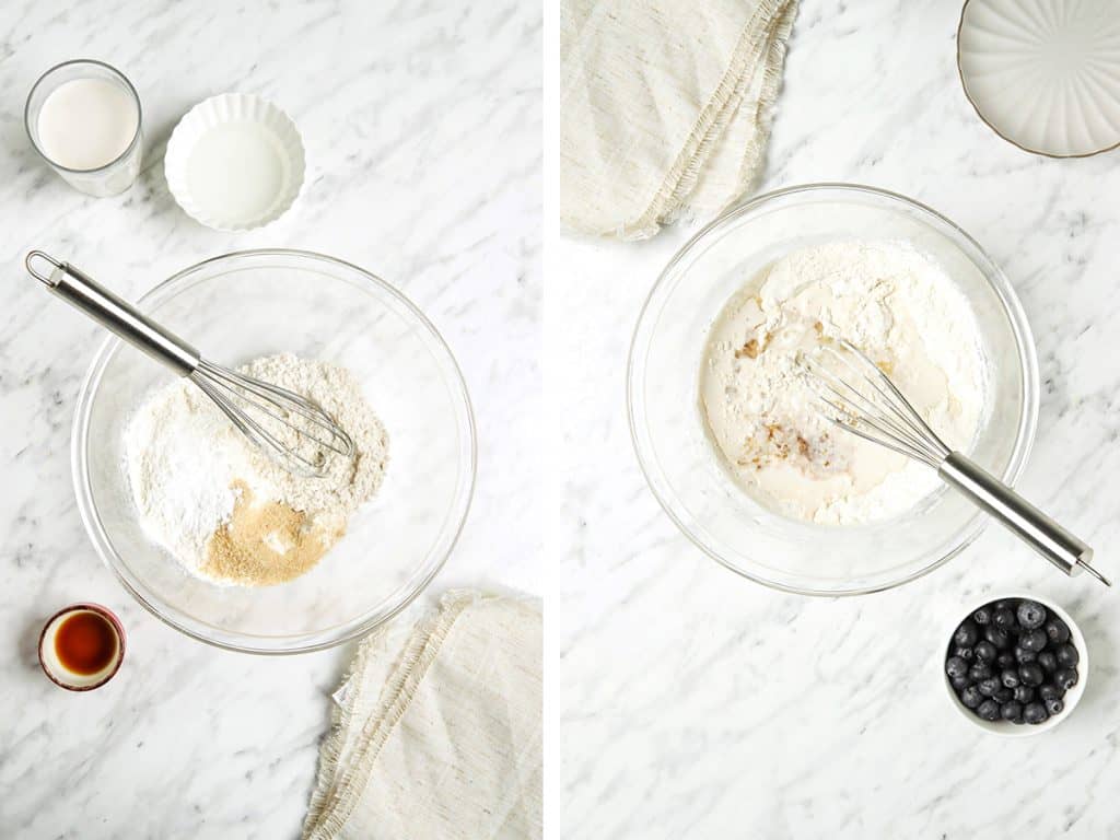 Add dry ingredients for waffles to a bowl then add wet ingredients.