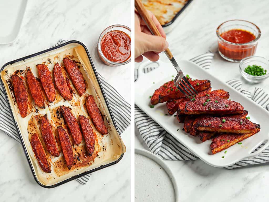 tempeh basted with BBQ sauce on the other side.