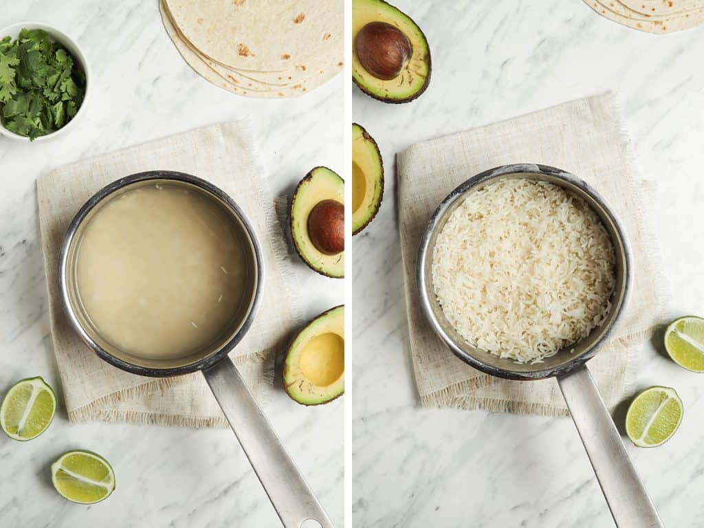 left: rice cooking in pan with water. right: finished rice fluffed and ready to serve