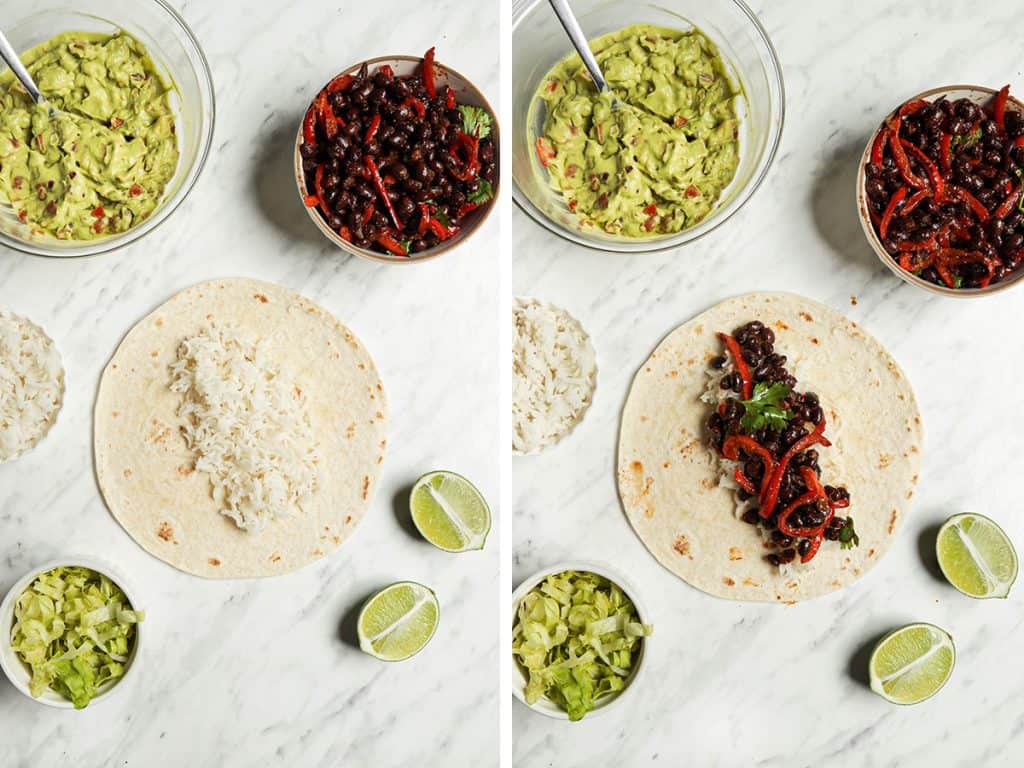 tortilla being stuffed with rice, beans, and peppers