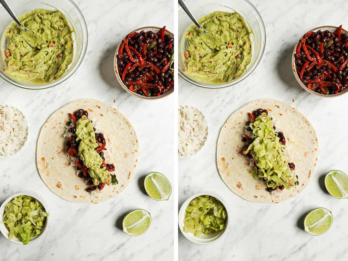 instructions for vegan burritos with tortillas being stuffed with rice and beans, guacamole, and lettuce