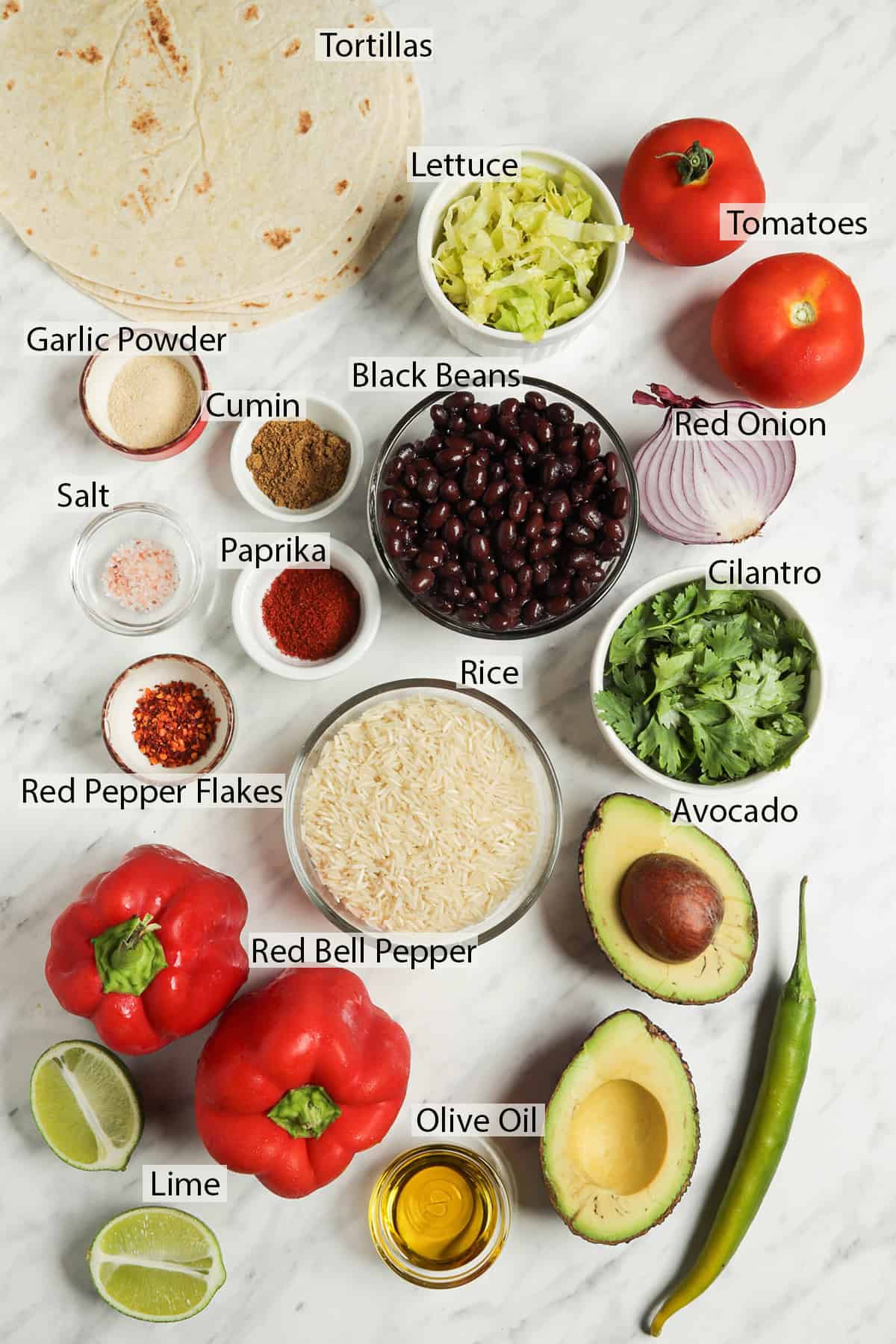 bell peppers, olive oil, avocado, lime, rice, paprika, red pepper flakes, salt, cumin, onion, beans, tomatoes, lettuce, and tortillas