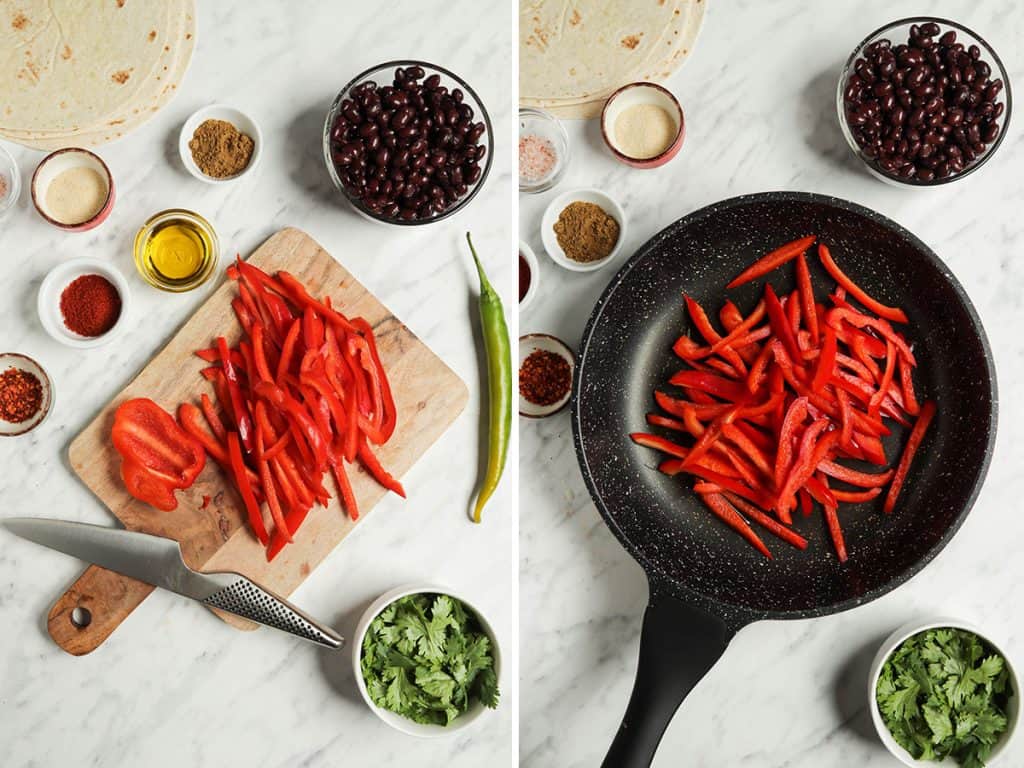 Right: sliced bell pepper on cutting board. Left: red bell peppers sautéed  in a large skillet.