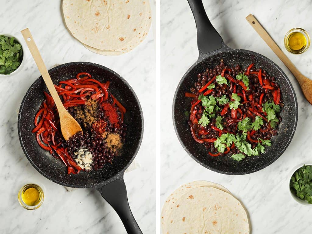 peppers and beans cooking in large skillet with cilantro and spices