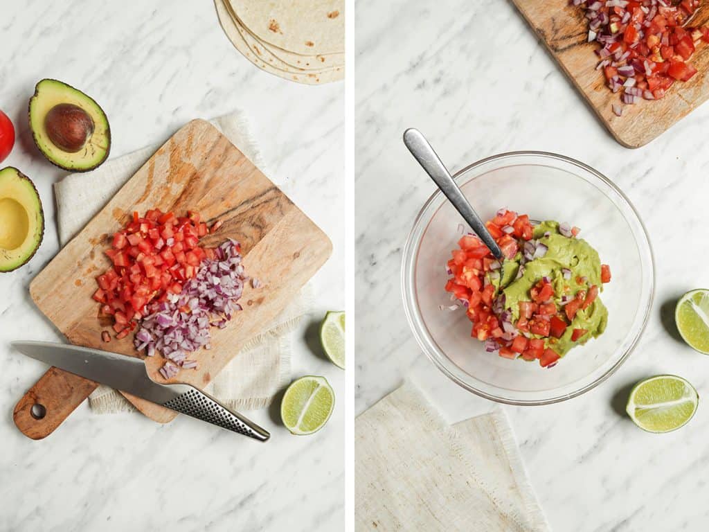 onions and bell peppers being sliced and put into bowl with guacamole