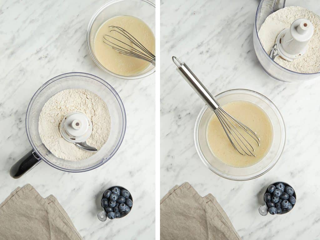 flour, baking powder, and salt in a food processor and non-dairy milk, coconut oil, maple syrup, vanilla extract, and water in a small bowl