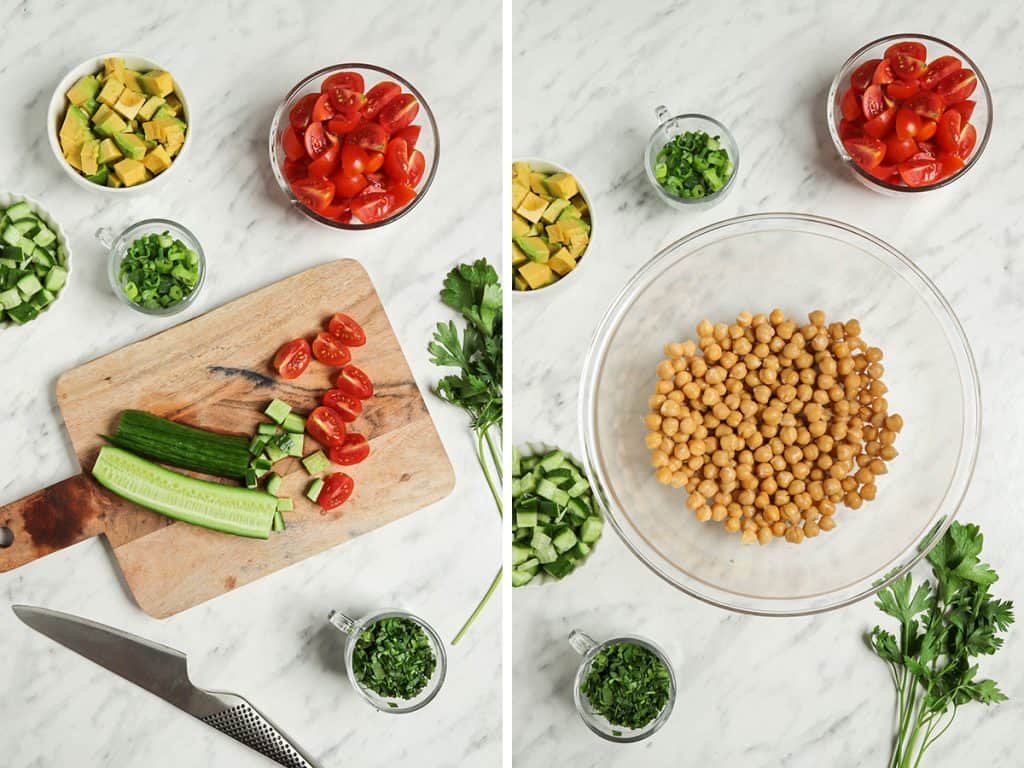 photos of cucumber being sliced with knife and a bowl of chickpeas 