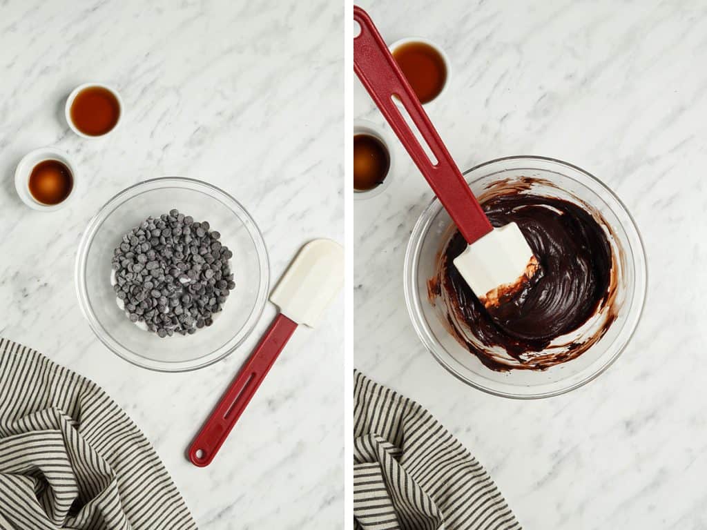 pictures of chocolate chips melted in bowl with spatula