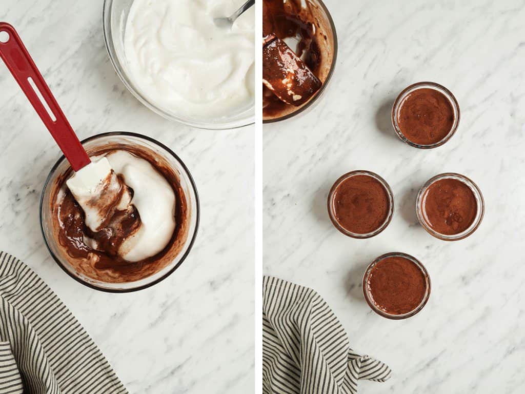 chocolate and aquafaba being mixed in bowl, then transferred to glasses