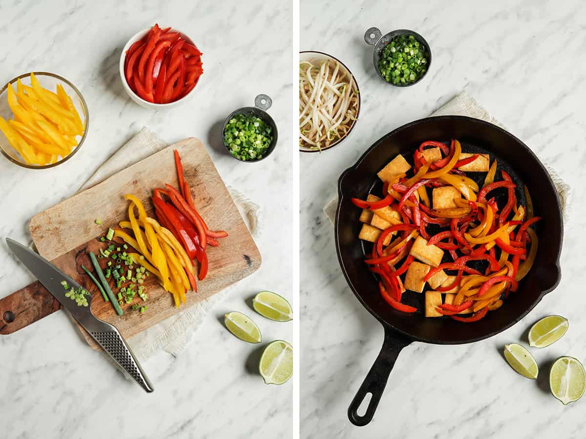 sliced bell peppers on cutting board, then transferred to cast iron skillet with tofu